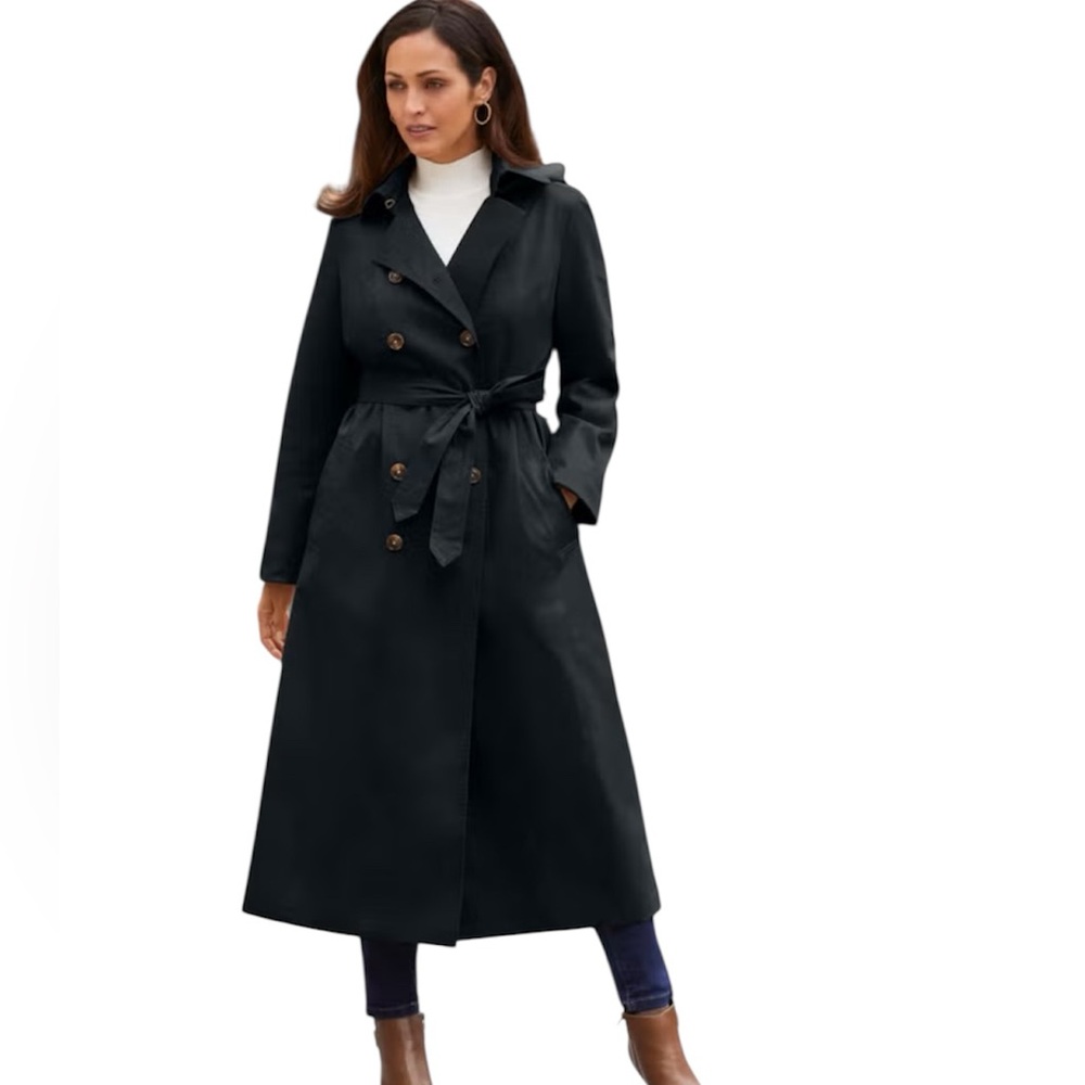 London Fog Black Long Double Breasted Belted Trench Coat Size 12